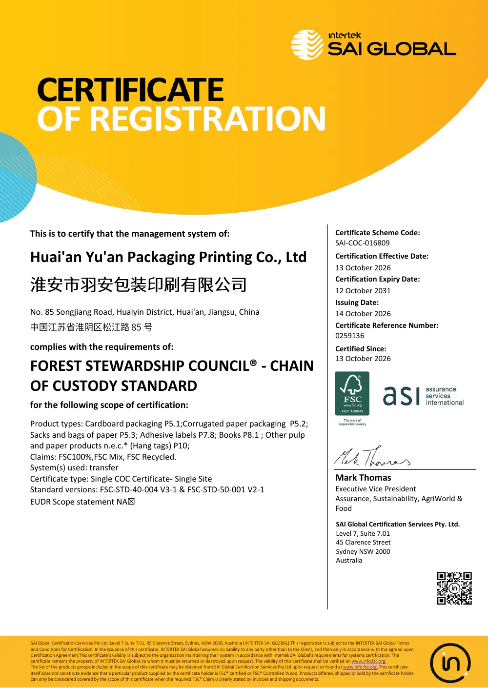 FSC® Chain of Custody certificate